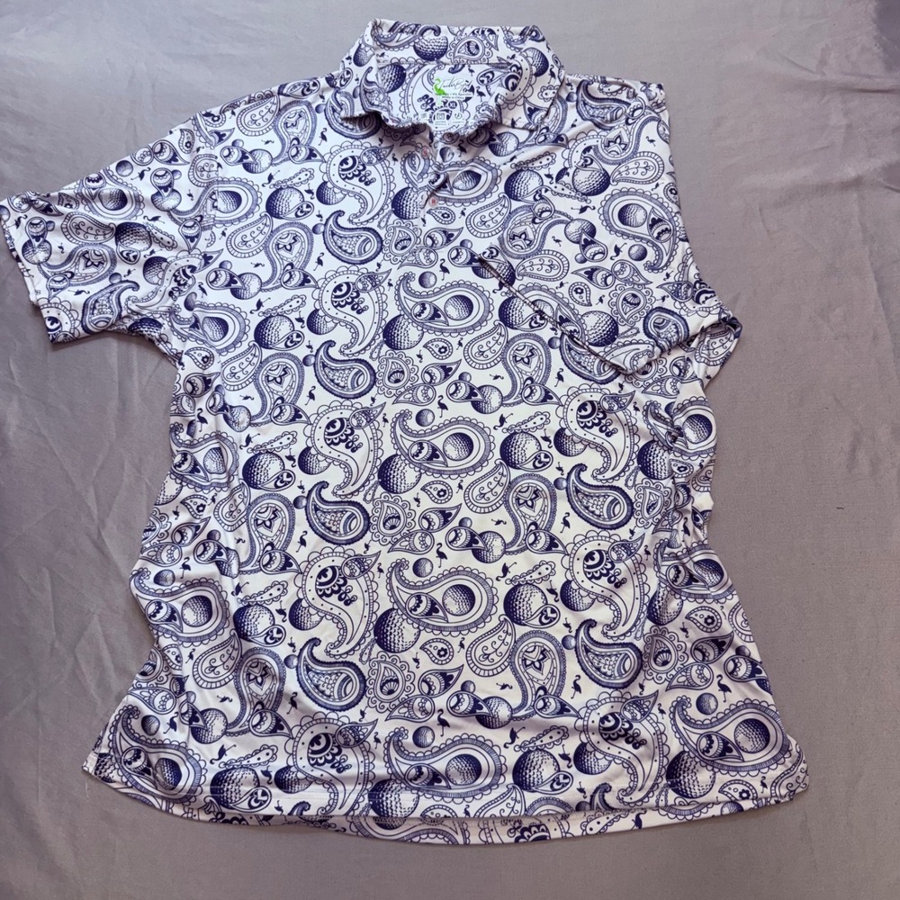 TailorByrd Mens XL Golf Polo Shirt Blue White Paisley Golf Ball Flamingo SPF‎ 30